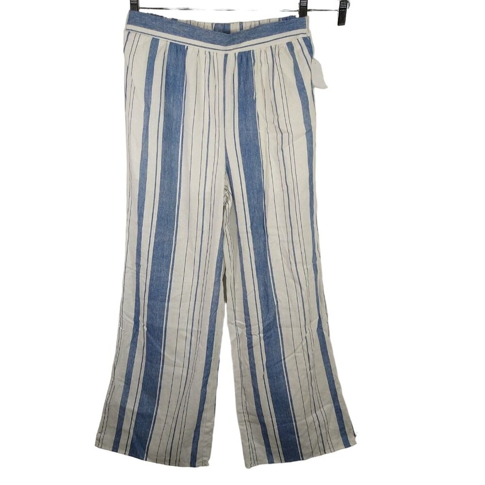 Charlotte Russe Wide Leg Pullon Pants Women Size M White Blue Stripe Linen Blend